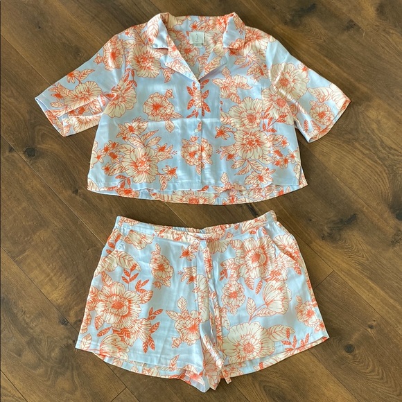 Josie Floral Button-Up Pajama Set in Light Blue and Orange - Picture 1 of 8